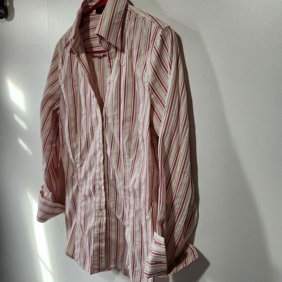 Express Design Studio Pink Tan Sparkle Stripe Dress Shirt Roll Tab Sleeves L - Picture 2 of 11